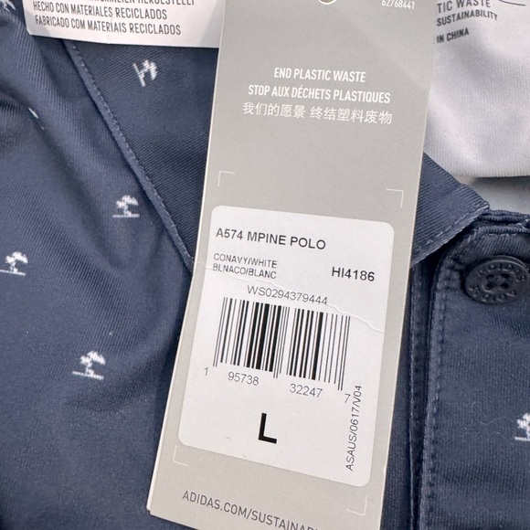 Men's Adidas Golf Polo Shirt Size L Navy Blue Pine Tree Print w/Accenture Logo - Picture 5 of 9